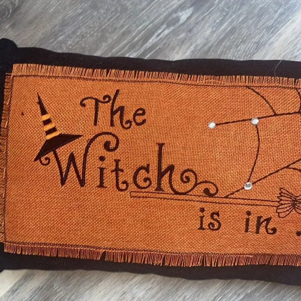 Canvas Glam “The Witch Is In” Pumpkin Witch Pillow Halloween Decor Orange